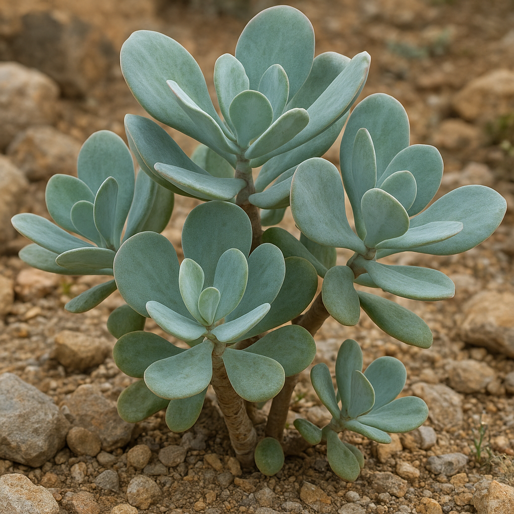 Grubosz srebrzysty – Crassula arborescens ssp. undulatifolia – roślina skalna